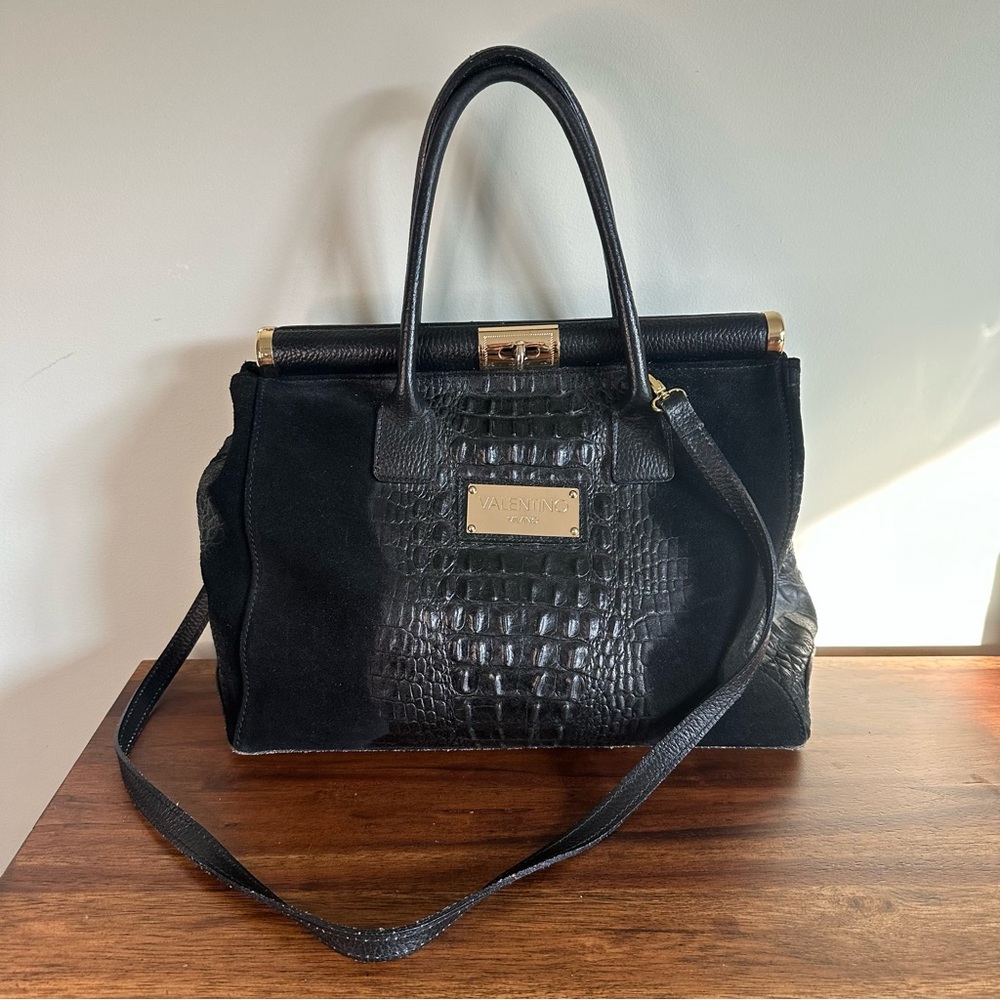 Valentino Black Leather Satchel with Gold color Hardware.